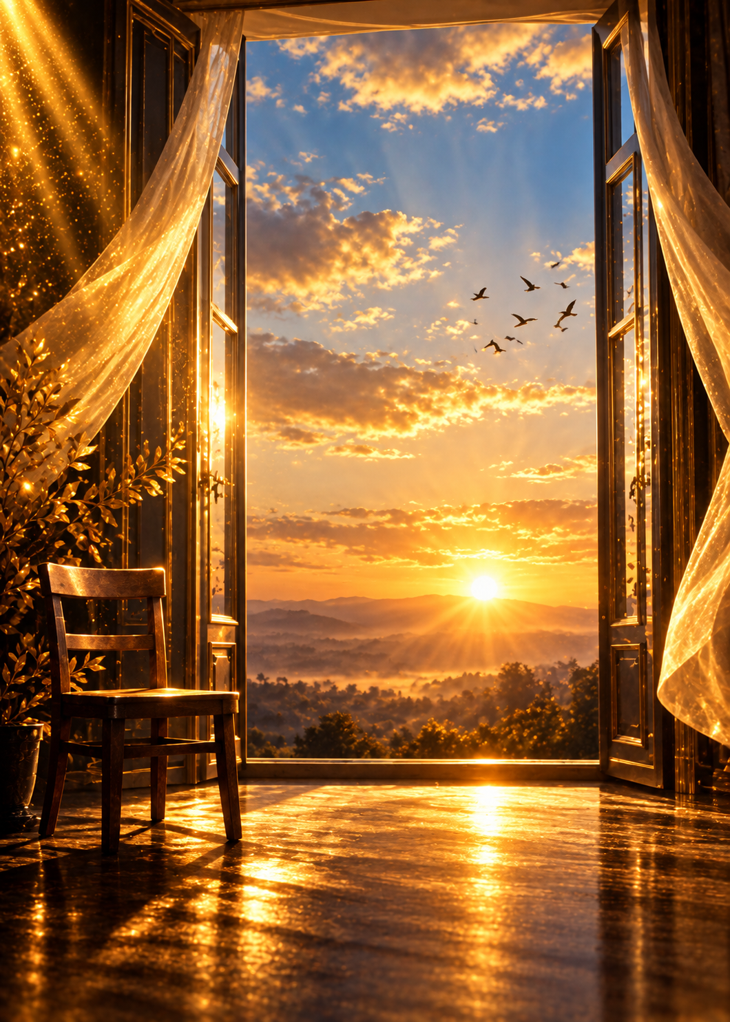 Open doors revealing a sunrise sky